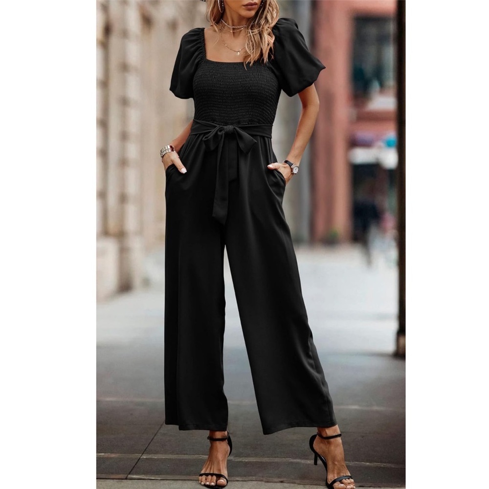 Women’s Black Short Sleeve Jumpsuit Pants Pull On Medium New - Picture 4 of 15